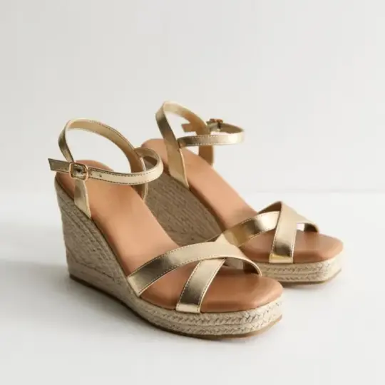 Gold Faux Leather Wedge Sandals